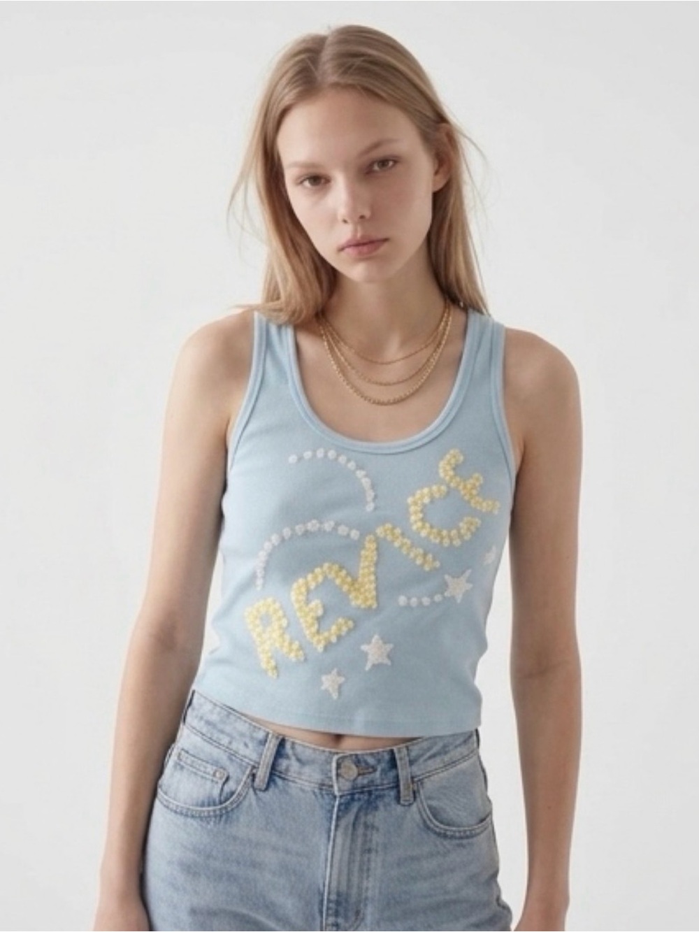 REVICE Light Blue Ribbed Tank with Brown Print